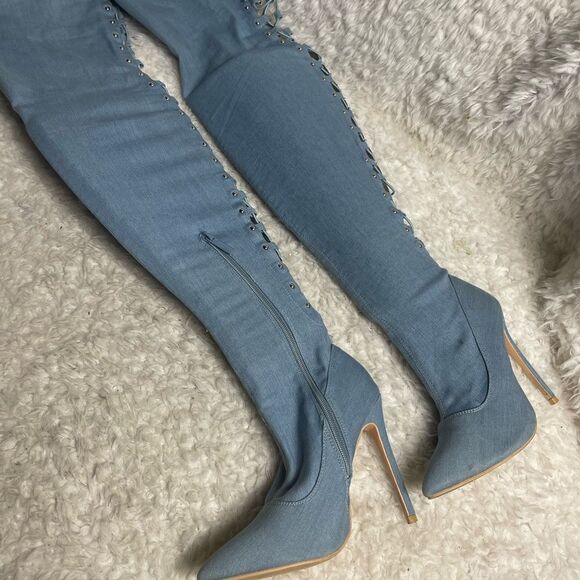 Elegant Collection Denim thigh high back lace up heels boots Size 6 - Picture 3 of 10